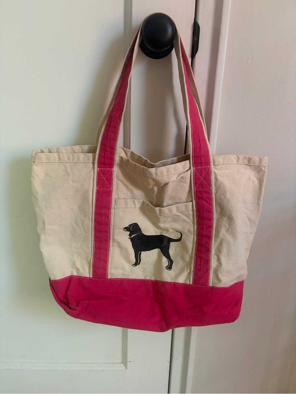 The Black Dog Cream Canvas Tote with Pink Trim and Black Dog Motif